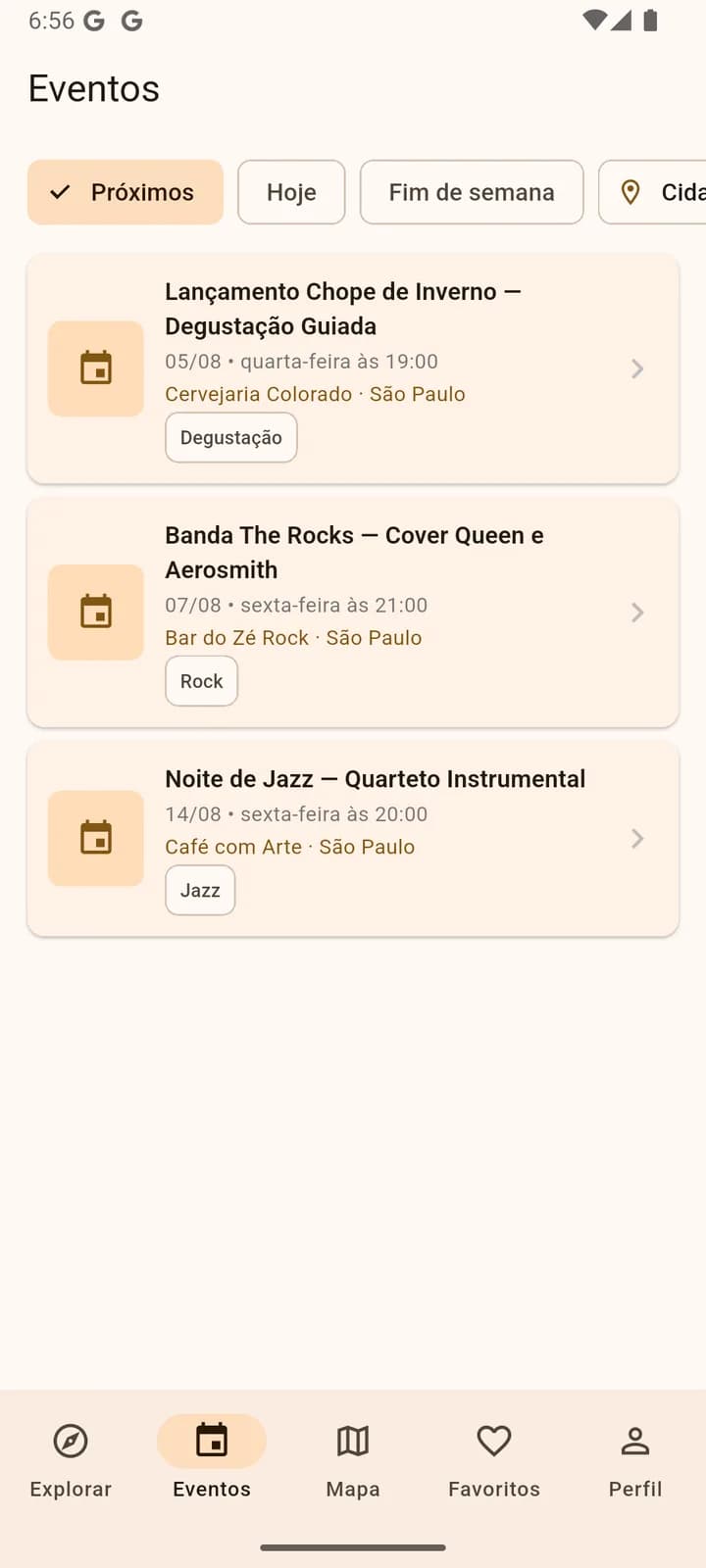 Agenda de eventos no BarVirtual